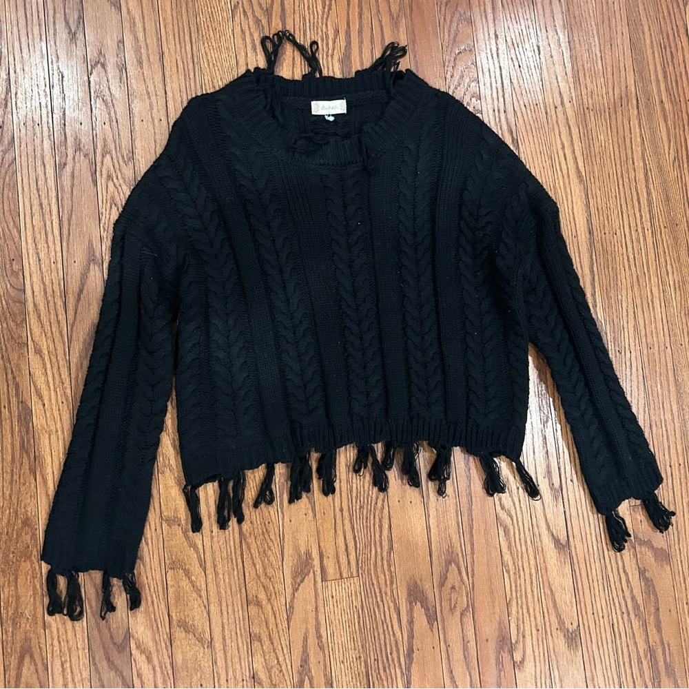 Altar'd State Black Fringe Cable Knit Sweater - Picture 6 of 7
